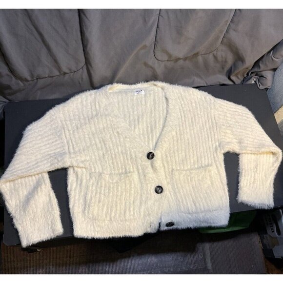 Cotton On Sweaters - COTTON ON Women’s Cardigan Sweater Button Down Ribbed Fuzzy Size S/P Ivory Cream